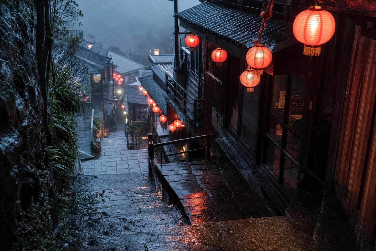 九份雨中的階梯與茶樓